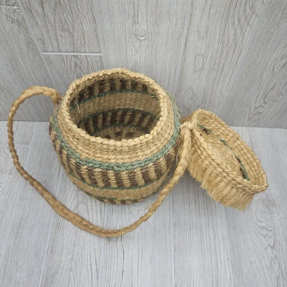 Vintage Coiled Hand Woven Tote BASKET With Attached Lid 10